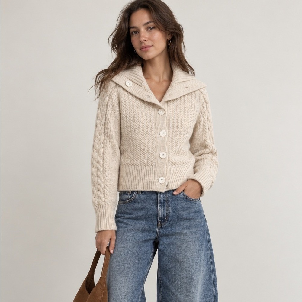 Irelandseye Cardigan Women S/M Cream Wool Cashmere Cable Knit Shawl Collar Aran